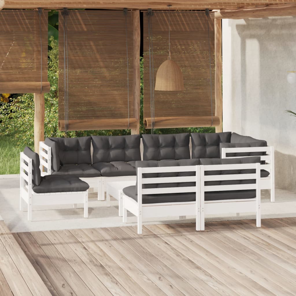 Salon de jardin 9 pcs avec coussins blanc bois de pin massif