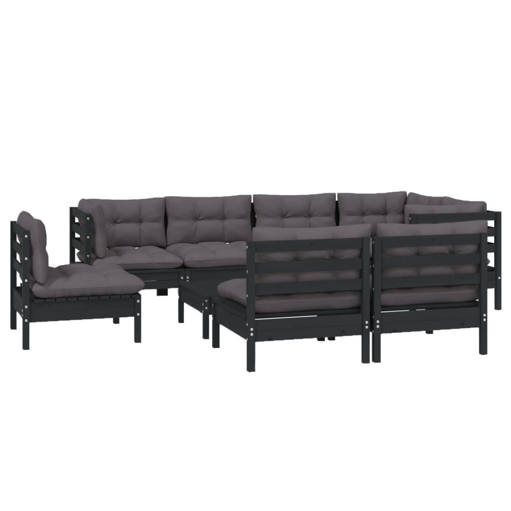 Salon de jardin 9 pcs avec coussins Noir Bois de pin massif