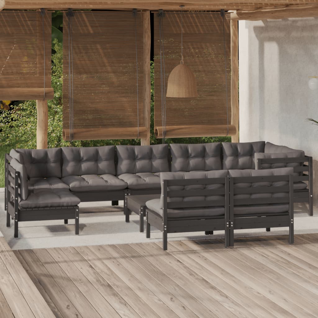 Salon de jardin 10 pcs avec coussins Noir Bois de pin massif