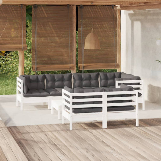 Salon de jardin 8 pcs avec coussins blanc bois de pin massif