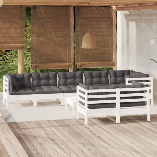 Salon de jardin 9 pcs avec coussins blanc bois de pin massif