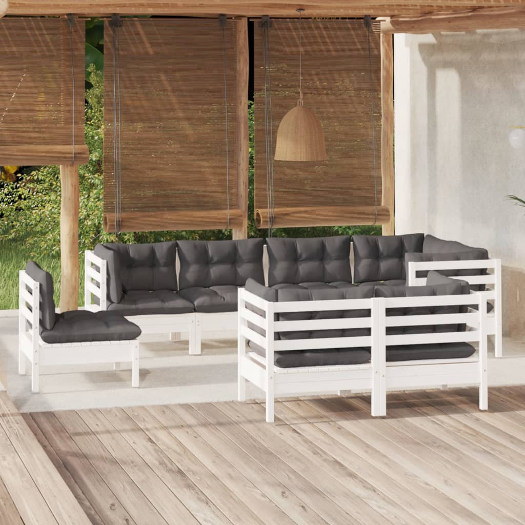 Salon de jardin 8 pcs avec coussins blanc bois de pin massif