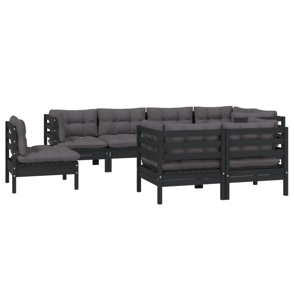 Salon de jardin 8 pcs avec coussins Noir Bois de pin massif