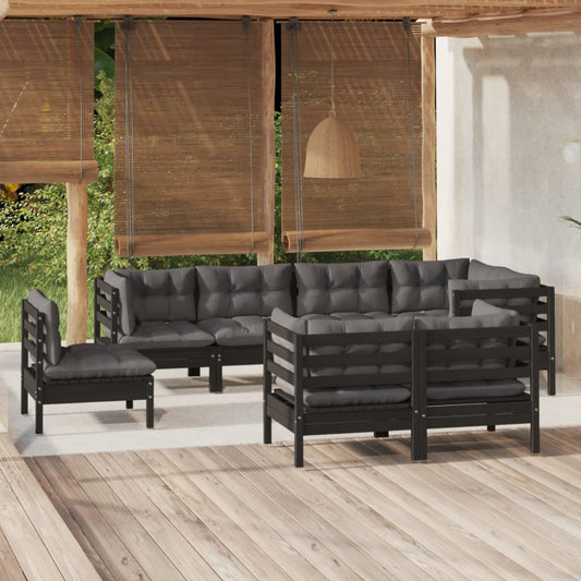 Salon de jardin 8 pcs avec coussins Noir Bois de pin massif