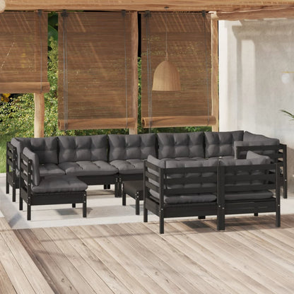 Salon de jardin 10 pcs avec coussins Noir Bois de pin massif