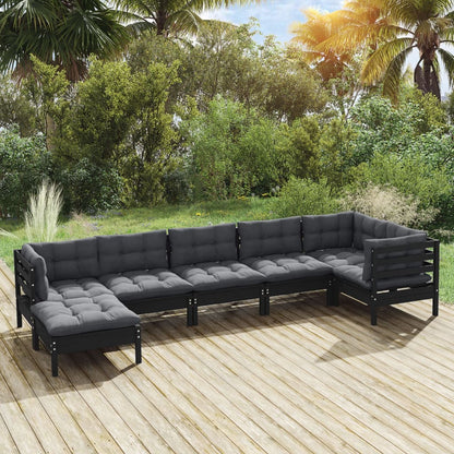 Salon de jardin 7 pcs avec coussins Noir Bois de pin massif