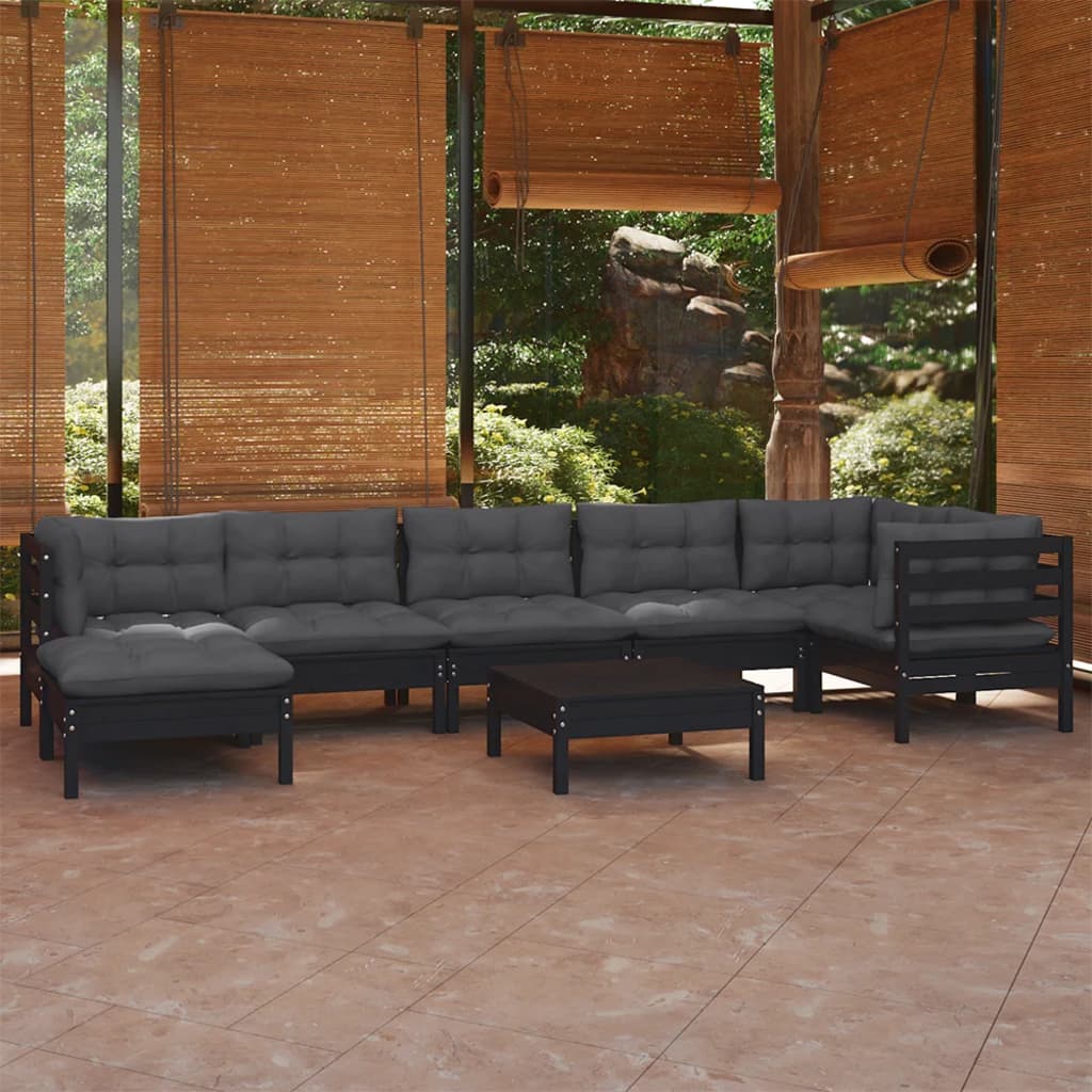 Salon de jardin 8 pcs avec coussins Noir Bois de pin massif