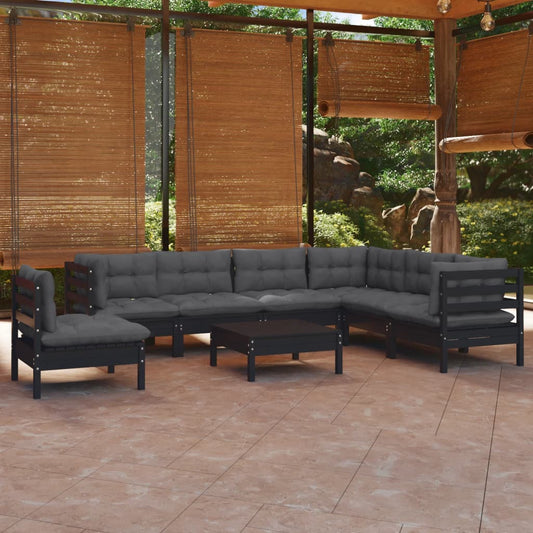 Salon de jardin 8 pcs avec coussins Noir Bois de pin massif