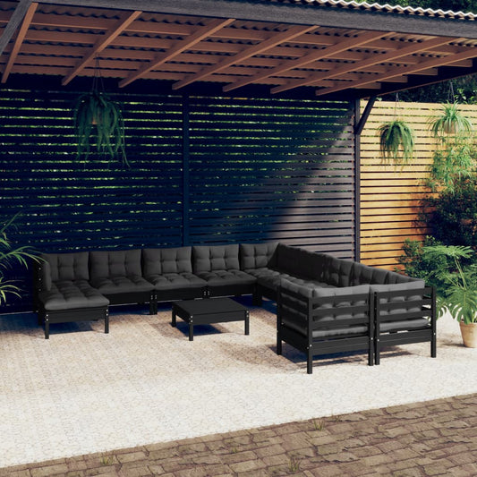 Salon de jardin 12 pcs avec coussins Noir Bois de pin