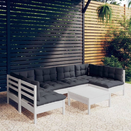 Salon de jardin 7 pcs avec coussins blanc bois de pin massif