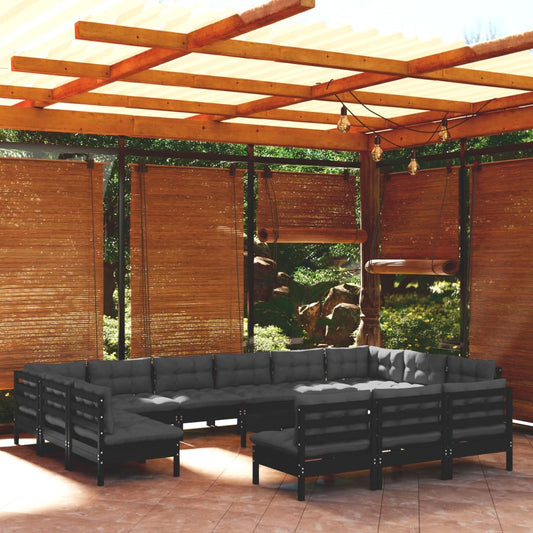 Salon de jardin 14 pcs avec coussins Noir Bois de pin solide