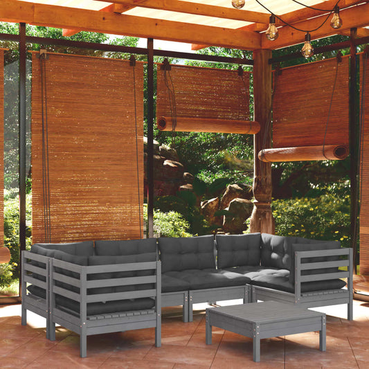 Salon de jardin 7 pcs avec coussins gris bois de pin