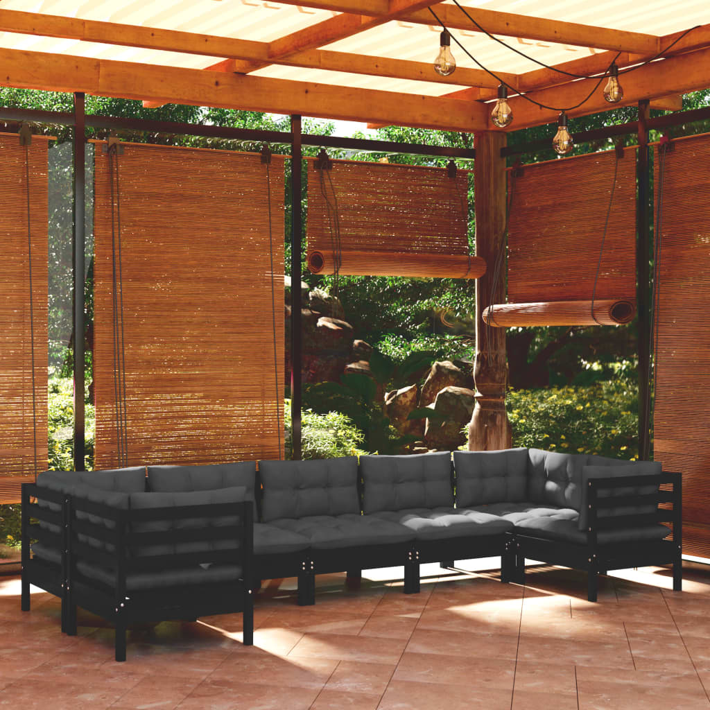 Salon de jardin 7 pcs avec coussins Noir Bois de pin