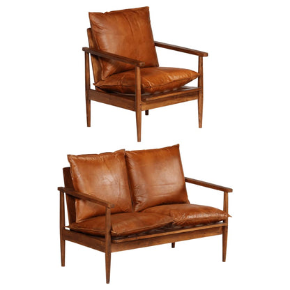 Ensemble de canapés 2 pcs Marron Cuir véritable et acacia