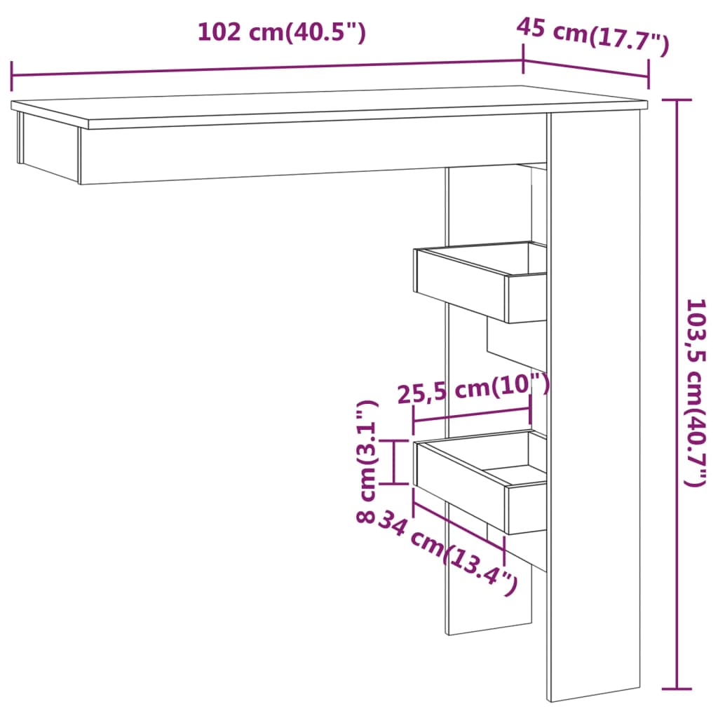 Table de bar murale Blanc 102x45x103,5 cm Bois d'ingénierie