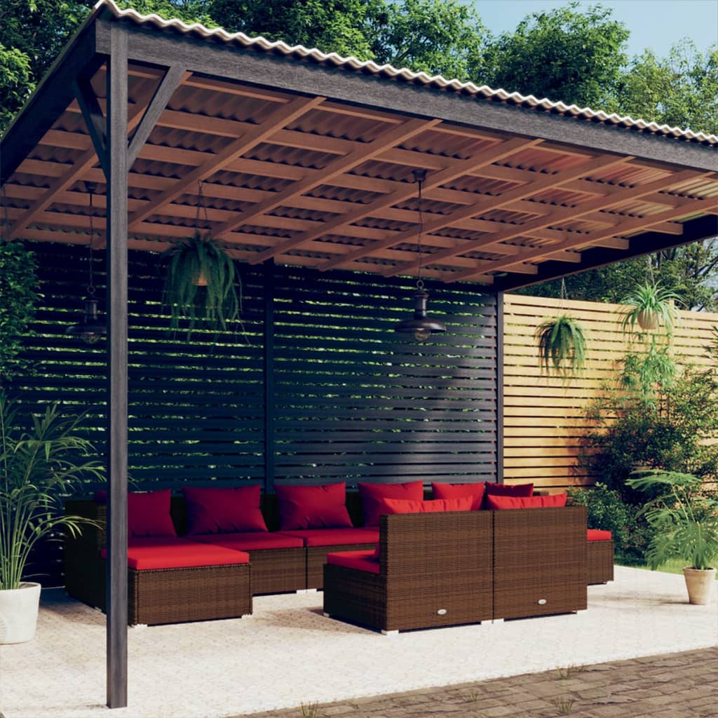 Salon de jardin avec coussins 9 pcs marron résine tressée