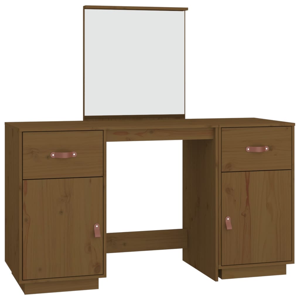 Ensemble de coiffeuse et miroir Marron miel Bois de pin solide