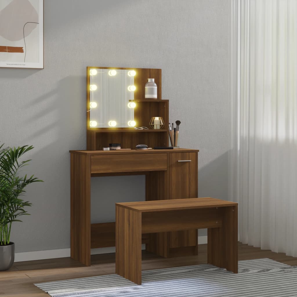 Ensemble de coiffeuse avec LED Chêne marron Bois d'ingénierie