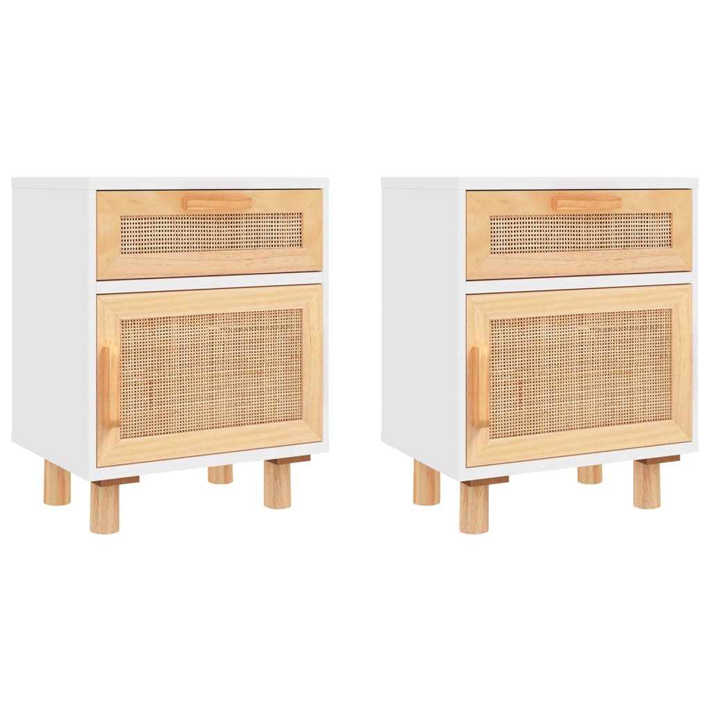 Tables de chevet 2pcs Blanc Bois de pin massif et rotin naturel