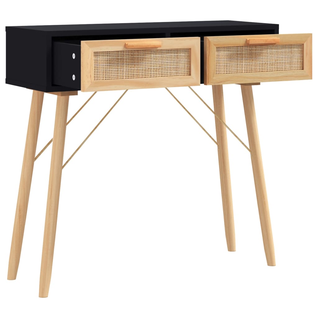 Table console Noir 80x30x75 cm Bois massif pin /rotin naturel