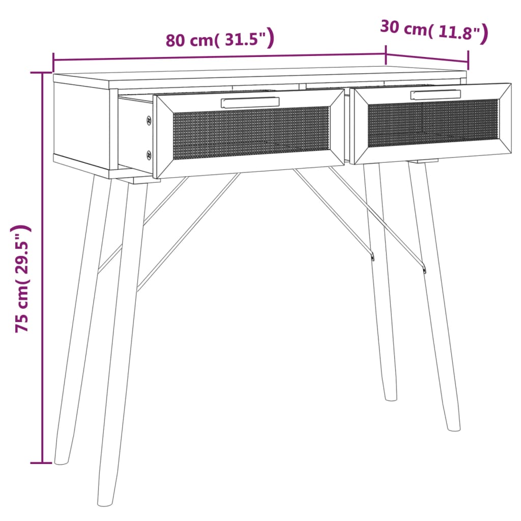 Table console Noir 80x30x75 cm Bois massif pin /rotin naturel