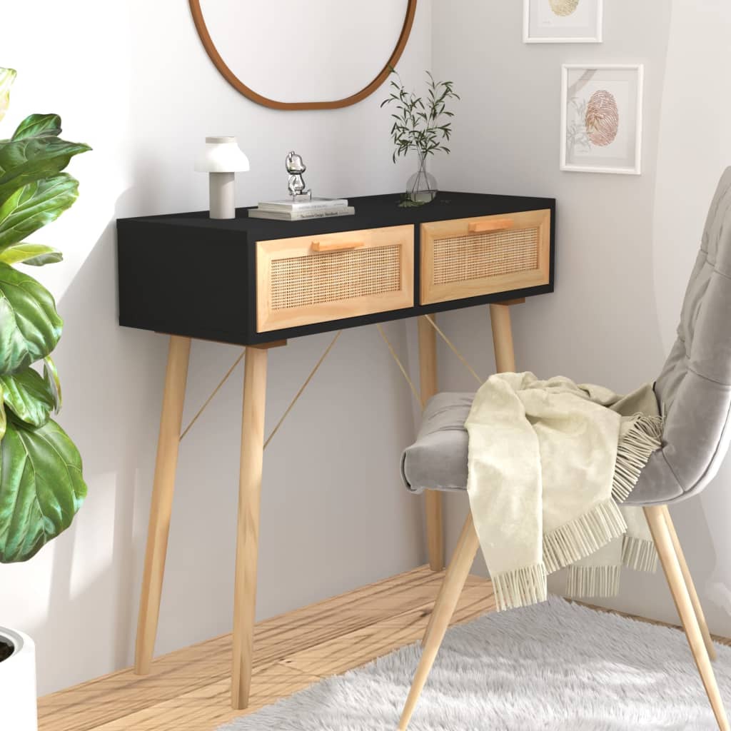 Table console Noir 80x30x75 cm Bois massif pin /rotin naturel