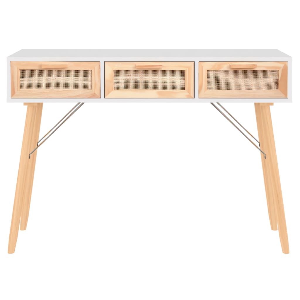 Table console Blanc 105x30x75 cm Bois massif pin /rotin naturel