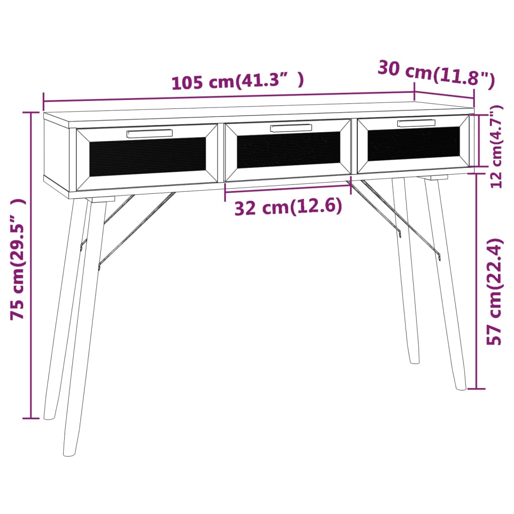 Table console Blanc 105x30x75 cm Bois massif pin /rotin naturel