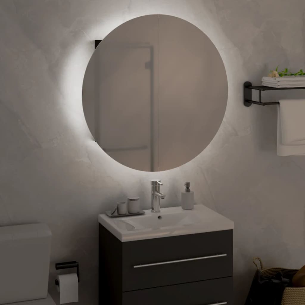 Armoire de salle de bain miroir rond et LED Noir 47x47x17,5 cm