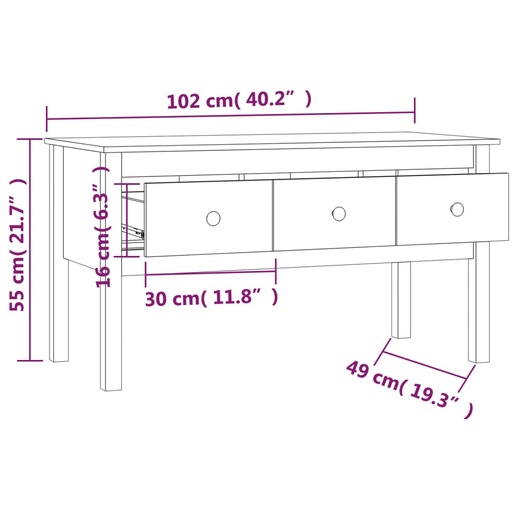 Table basse Noir 102x49x55 cm Bois massif de pin