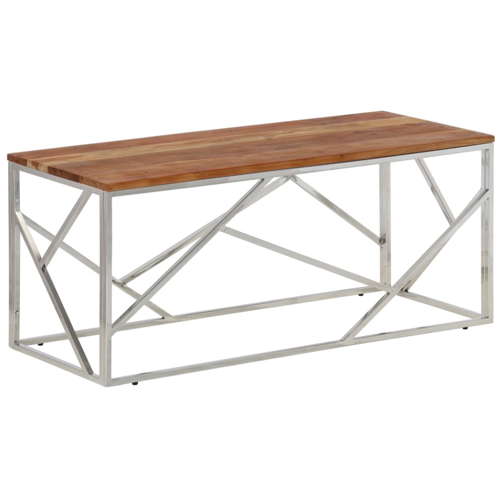 Table basse argenté acier inoxydable et bois massif d'acacia