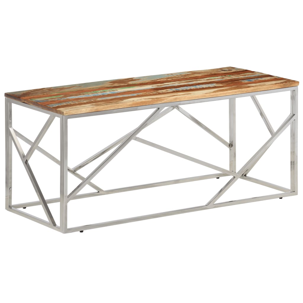 Table basse argenté inox et bois de récupération massif