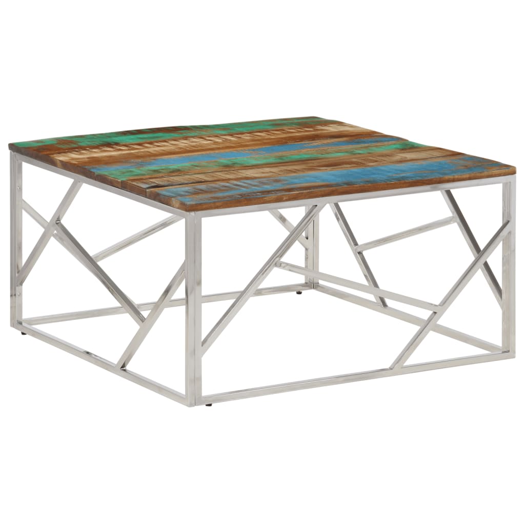 Table basse argenté inox et bois de récupération massif