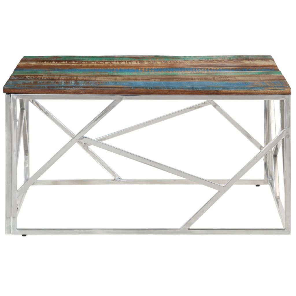 Table basse argenté inox et bois de récupération massif