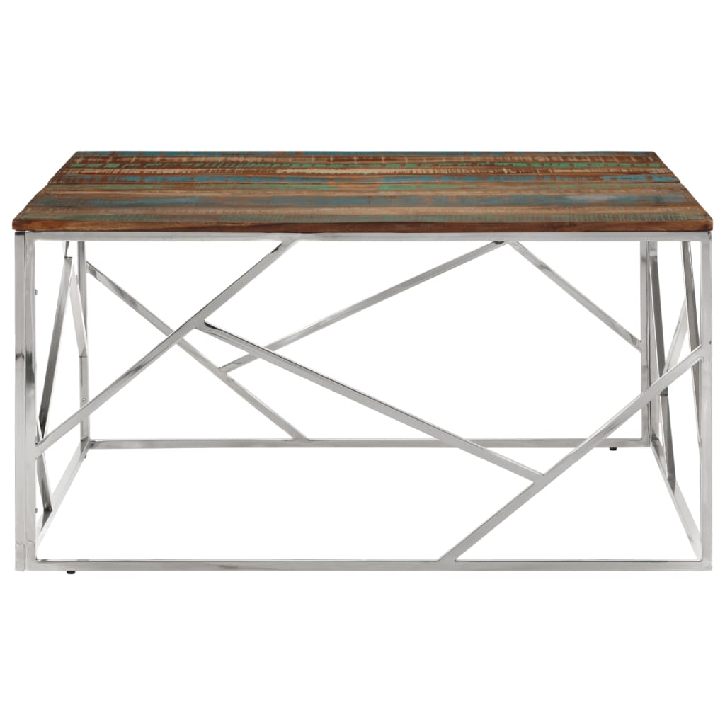 Table basse argenté acier inoxydable/bois massif récupération