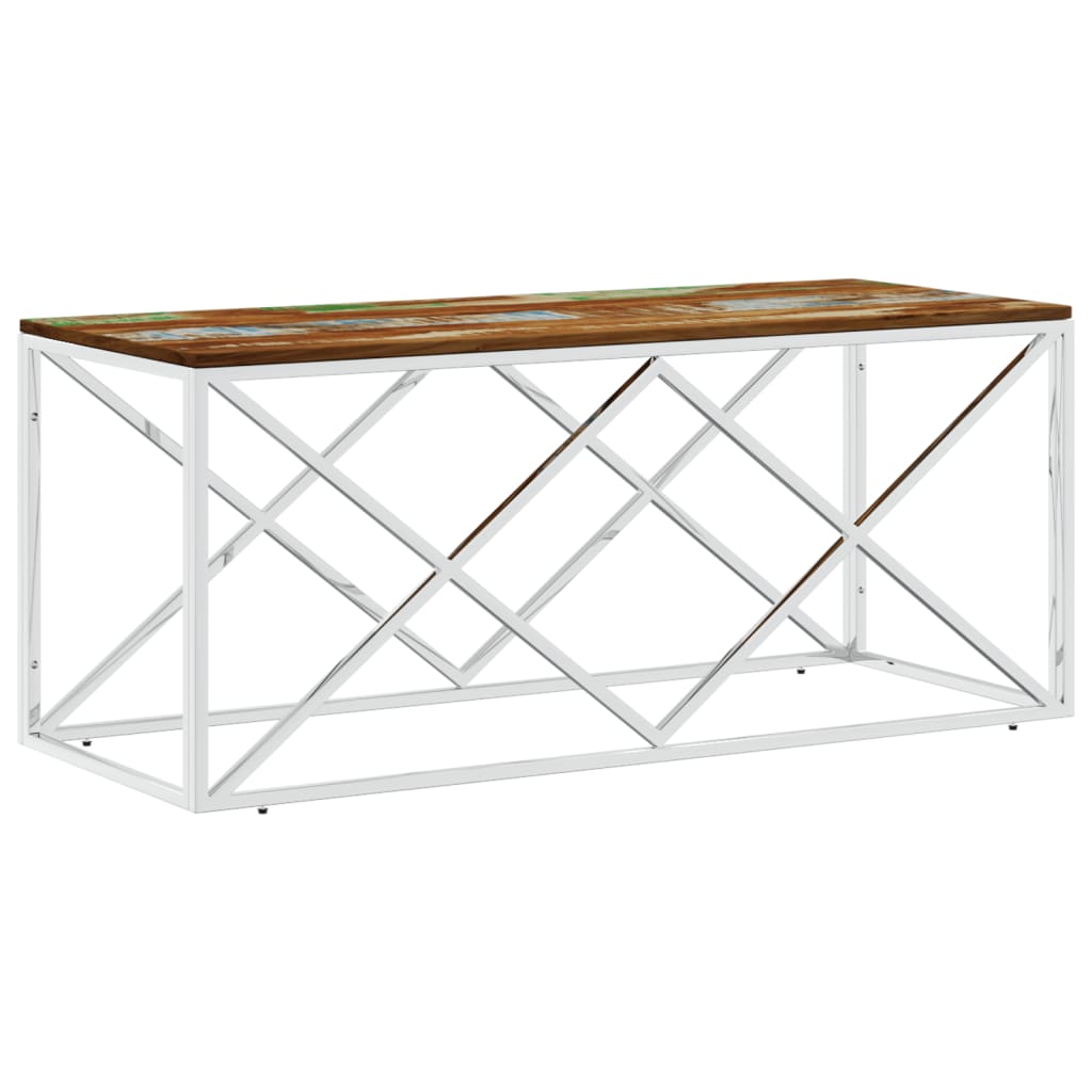 Table basse acier inoxydable et bois massif de récupération