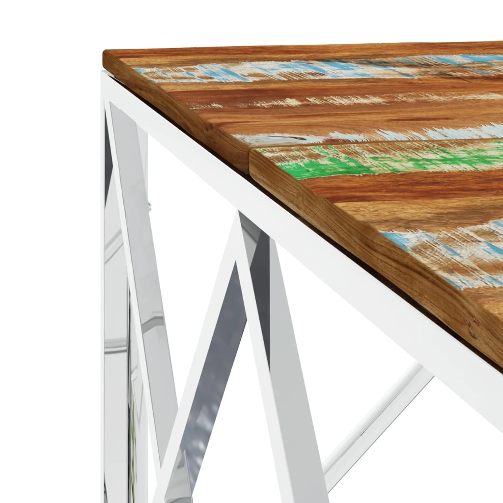 Table basse argenté acier inoxydable/bois massif récupération