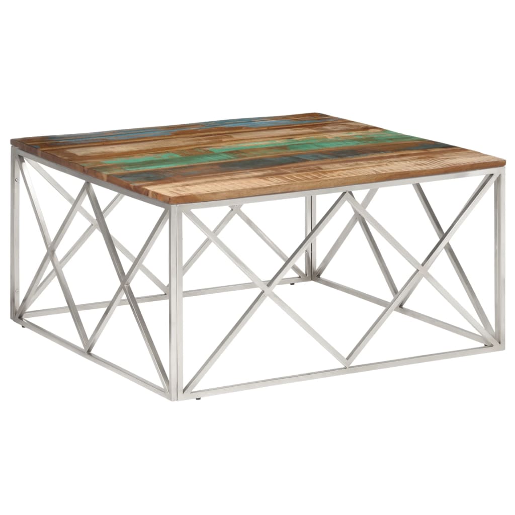 Table basse argenté inox et bois de récupération massif