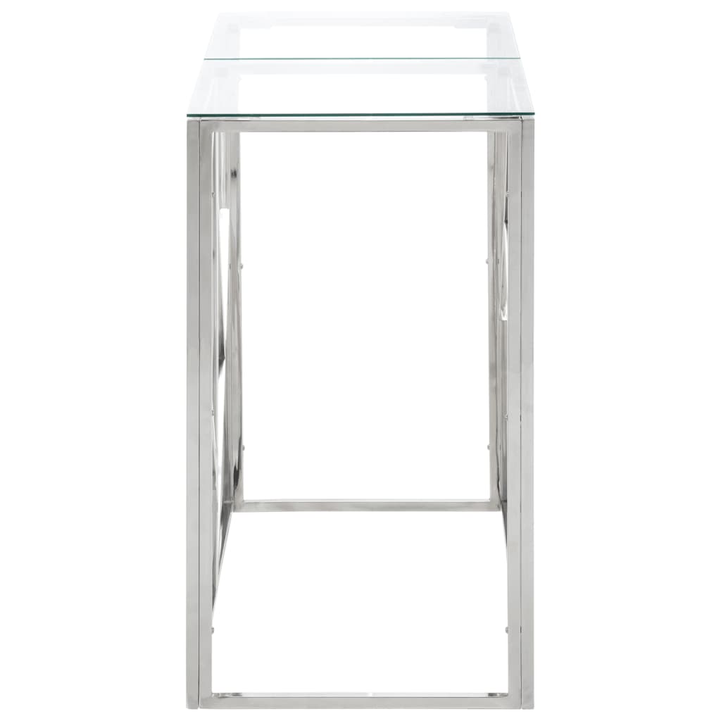 Table console argenté acier inoxydable et verre trempé