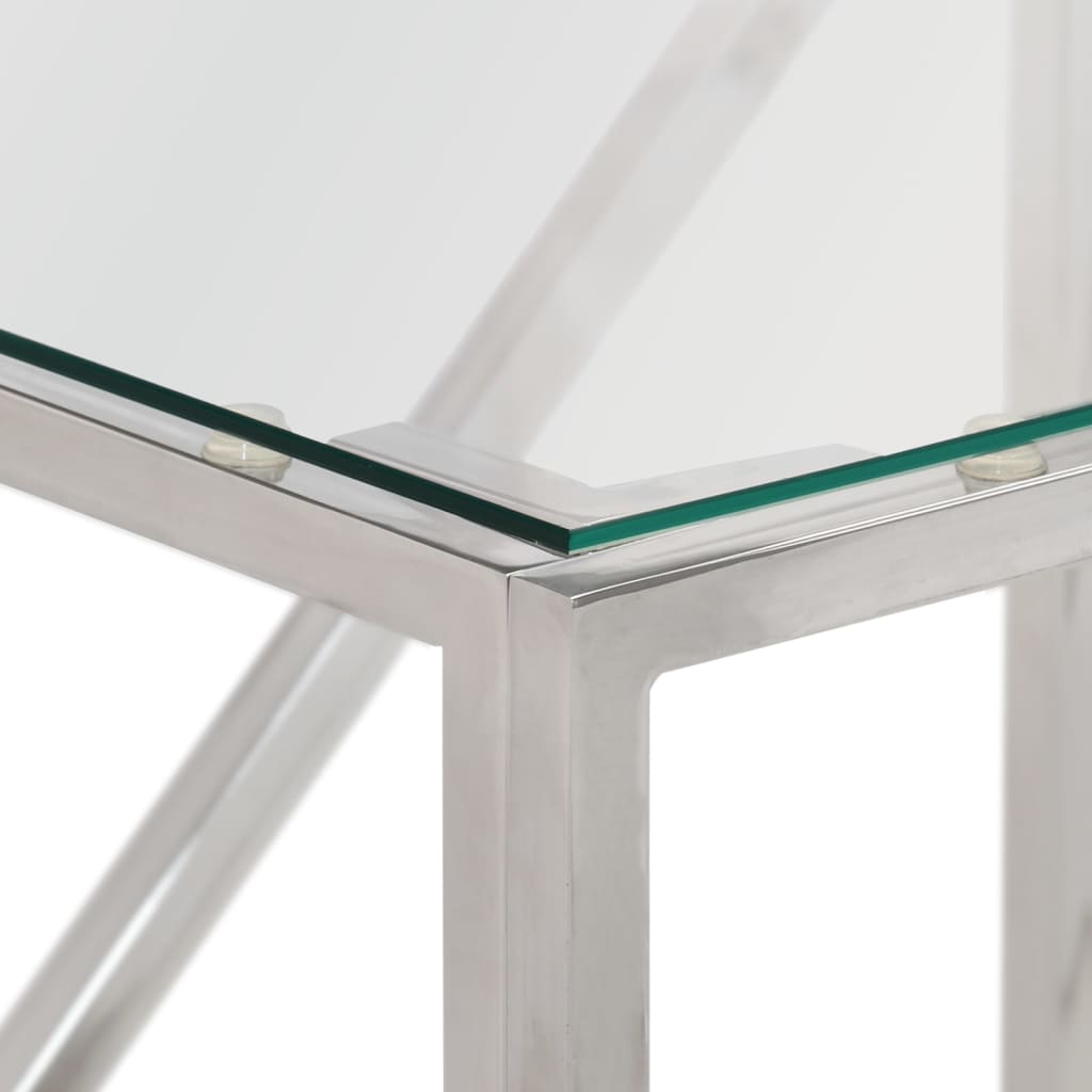 Table console argenté acier inoxydable et verre trempé