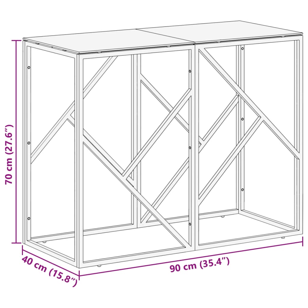 Table console argenté acier inoxydable et verre trempé