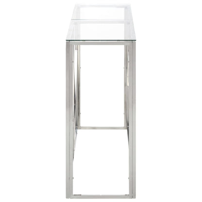 Table console argenté acier inoxydable et verre trempé