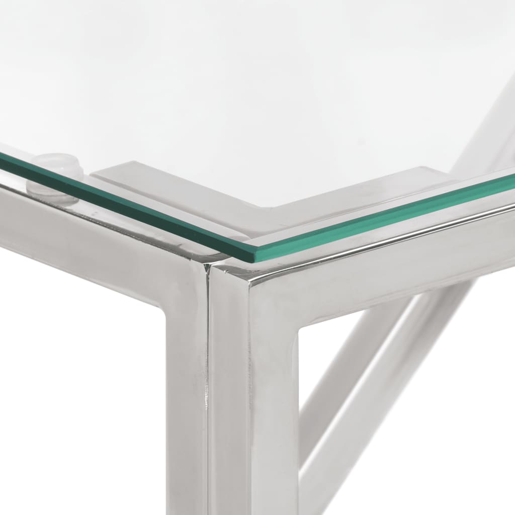 Table console argenté acier inoxydable et verre trempé