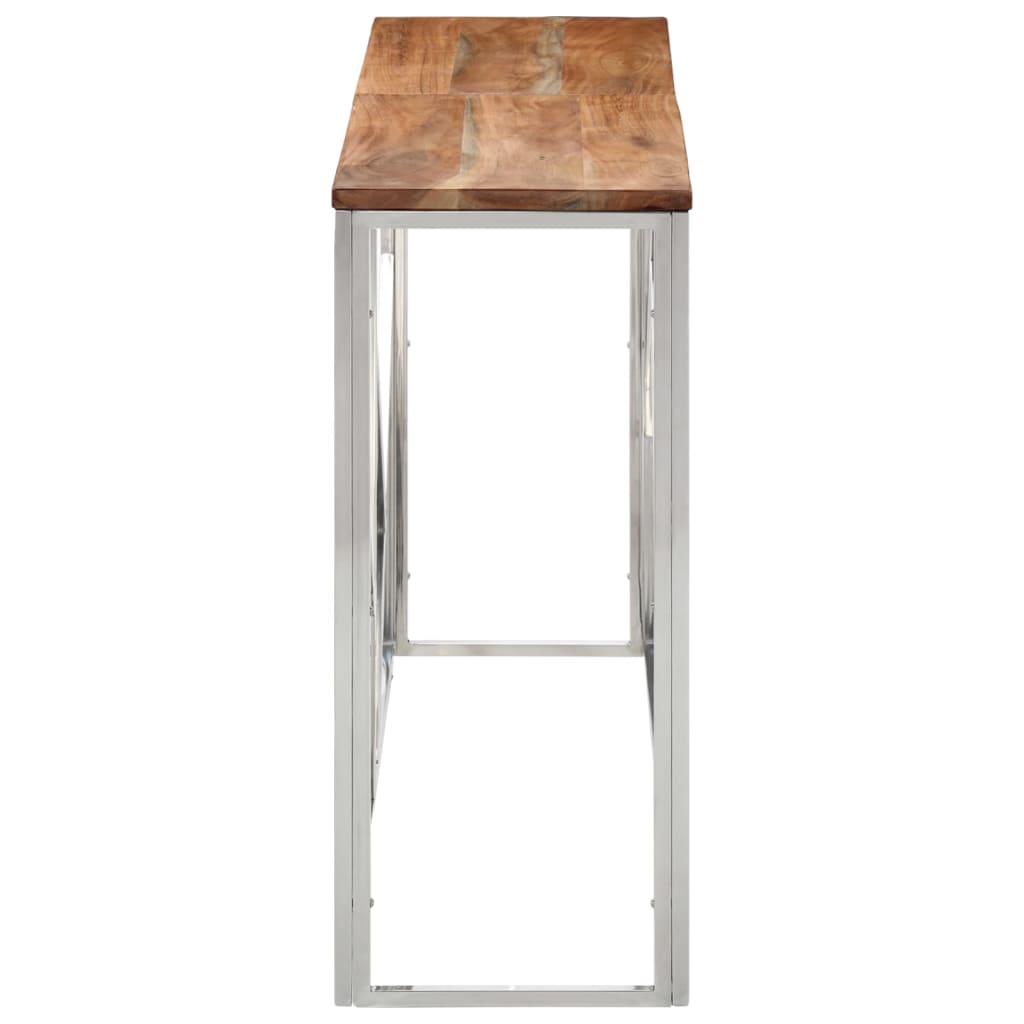 Table console argenté acier inoxydable et bois massif d'acacia