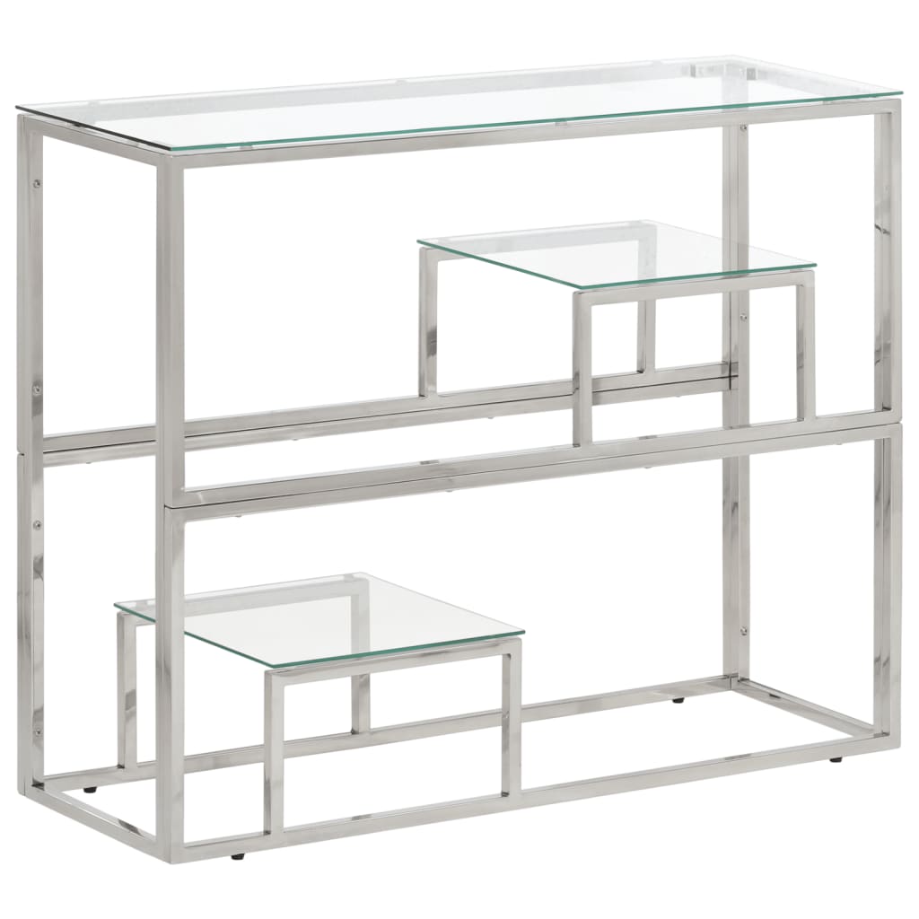 Table console argenté acier inoxydable et verre trempé