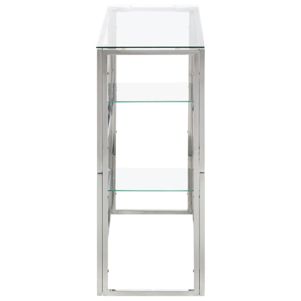 Table console argenté acier inoxydable et verre trempé