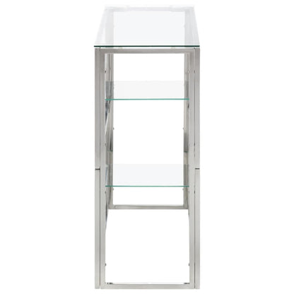 Table console argenté acier inoxydable et verre trempé