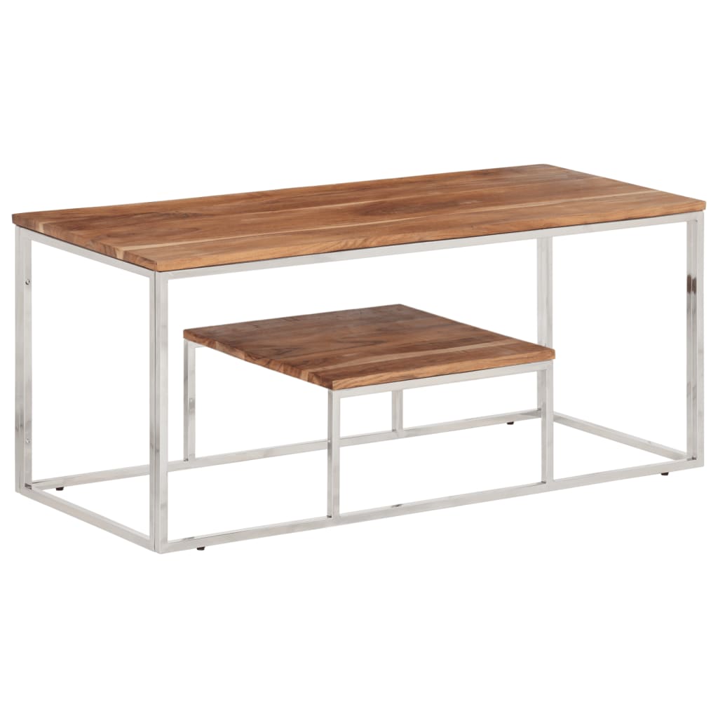 Table basse argenté acier inoxydable et bois massif d'acacia