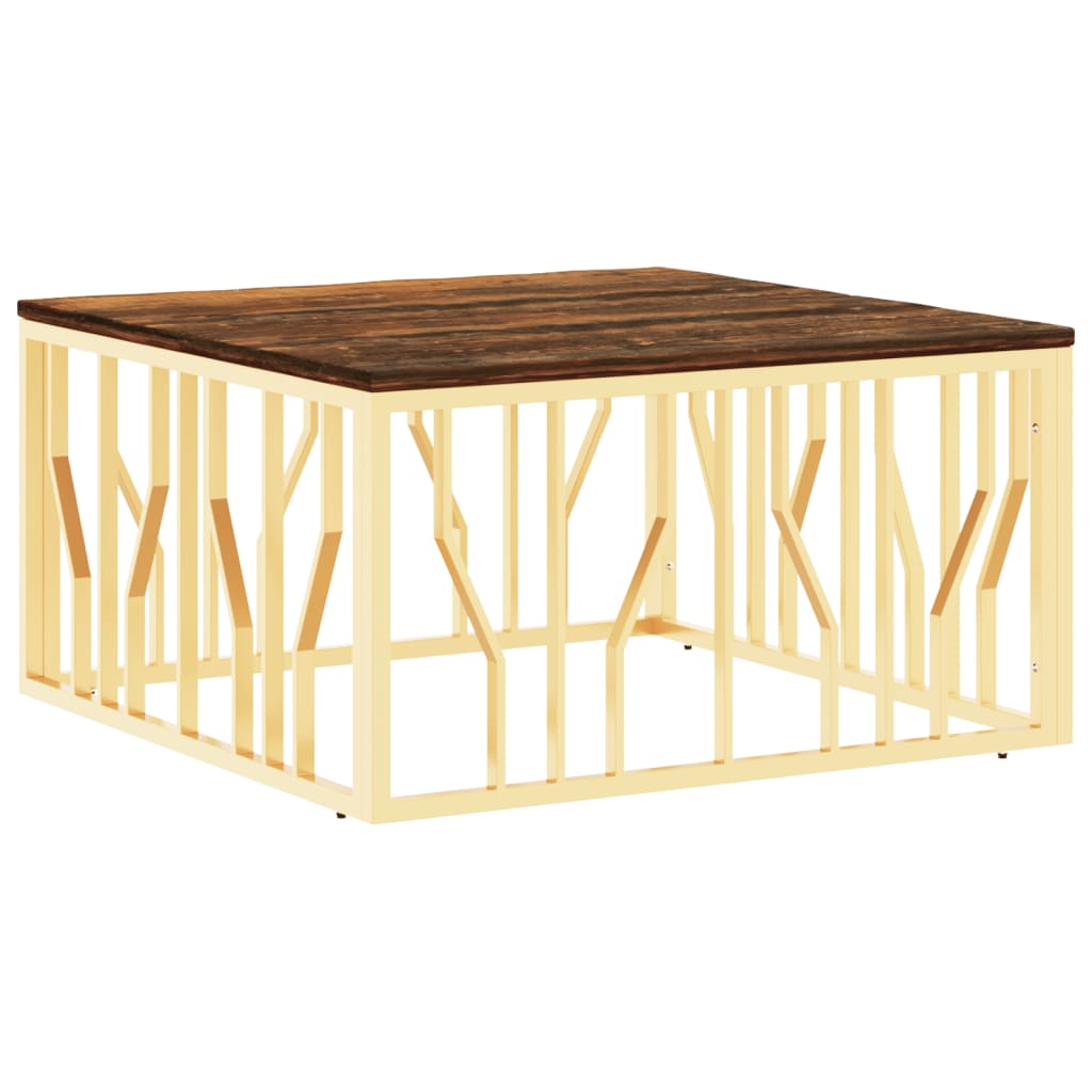 Table basse doré acier inoxydable et bois massif récupération