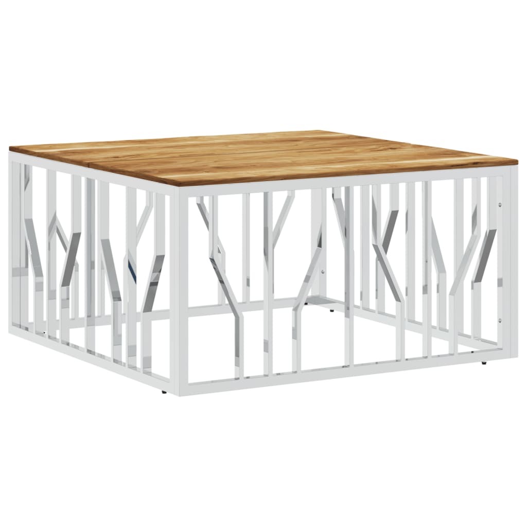 Table basse argenté acier inoxydable et bois massif d'acacia